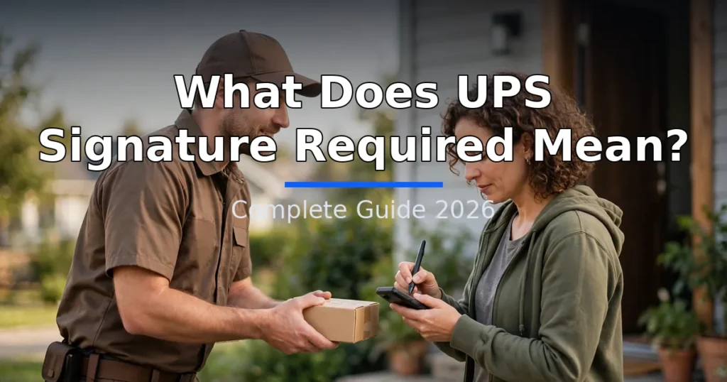 What Does UPS Signature Required Mean? Complete Guide 2026 — delivery driver in brown uniform handing a parcel to a resident signing at a doorstep