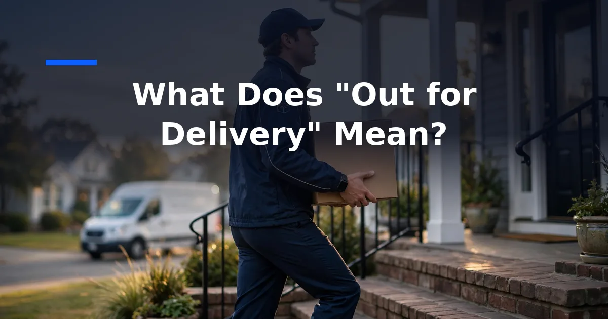 What Does Out for Delivery Mean? — delivery driver carrying parcel up house steps at sunrise.