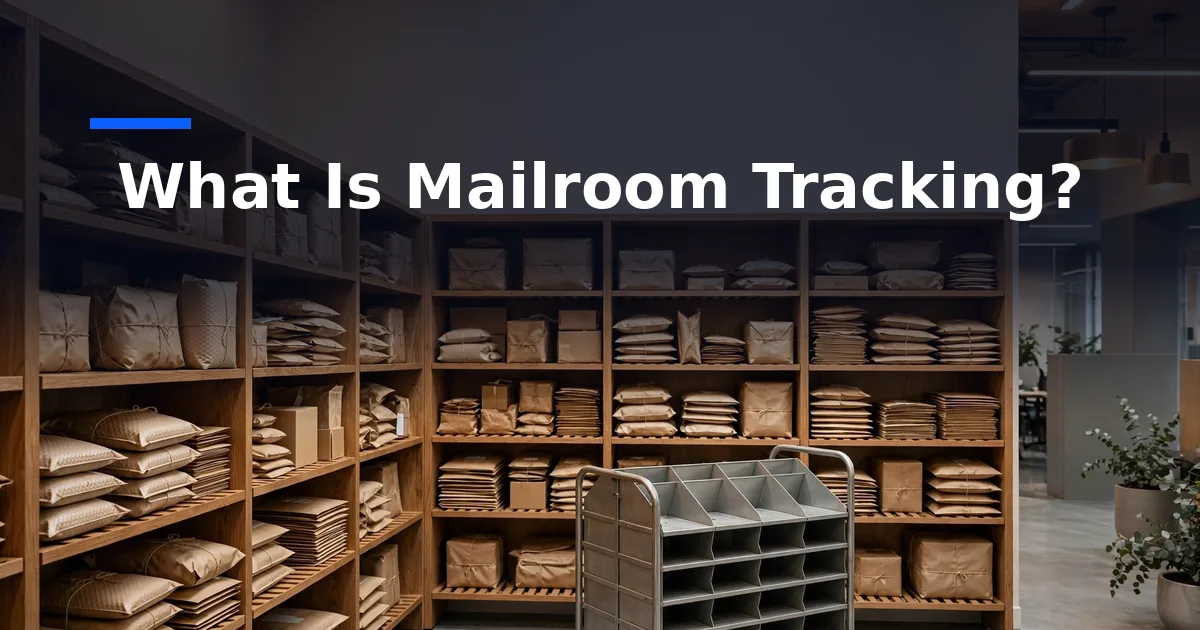 What Is Mailroom Tracking? How It Works and Best Solutions 2026 — modern office mailroom with parcels on shelves.